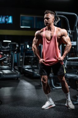 Kaslı vücutlu genç yakışıklı sporcu spor salonunda çalışıyor.