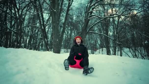 Neşeli genç bayan kar tabağının üzerinde kayıyor kışın açık havada kızakla kayıyordu. — Stok video