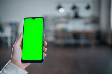 Ev mutfağında yeşil ekran modeli olan akıllı telefon kullanarak kadın elinin yakın plan görüntüsü.