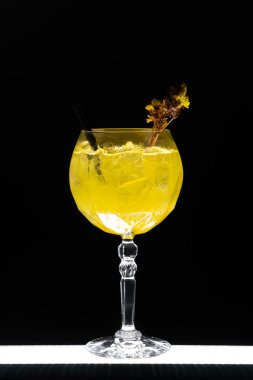 Lüks cin hass portakal kokteyli. Siyah arka planda buzlu.