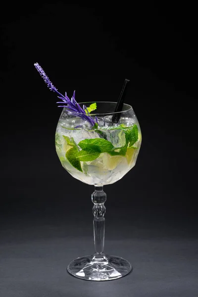 Hugo cocktail ou mojito com hortelã, limão e gelo em vinho sobre fundo preto — Fotografia de Stock