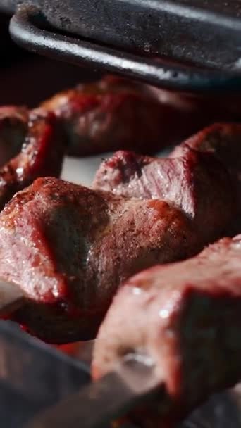 Primo piano di preparazione arrosto carne shashlik su spiedo sulla griglia — Video Stock