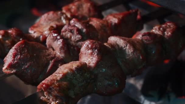 Nahaufnahme vom Zubereiten und Drehen von gebratenem Schaschlik-Fleisch am Spieß auf dem Grill — Stockvideo