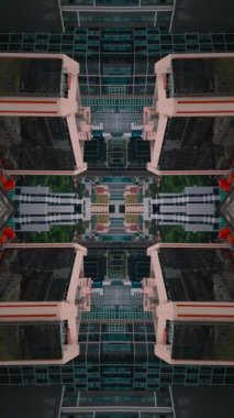 Soyut teknoloji arka planı, modern gökdelen binalarının ve kentsel şehrin aynalı fraktal etkisi, fütüristik yansıma tasarımı, yaratıcı Vj döngüsü 4k. Yüksek kaliteli görüntüler, dikey video