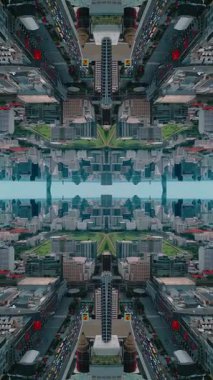 Soyut teknoloji arka planı, modern gökdelen binalarının ve kentsel şehrin aynalı fraktal etkisi, fütüristik yansıma tasarımı, yaratıcı Vj döngüsü 4k. Yüksek kaliteli görüntüler, dikey video