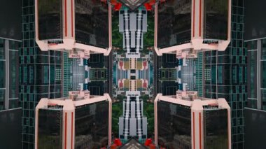 Soyut teknoloji arka planı, modern gökdelen binaları ve şehir çevresinin yansıtılmış fraktal etkisi, fütüristik yansıtıcı tasarım, yaratıcı VJ döngüsü 4k. Yüksek kaliteli görüntüler