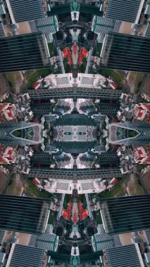 Soyut teknoloji arka planı, modern gökdelen binalarının ve kentsel şehrin aynalı fraktal etkisi, fütüristik yansıma tasarımı, yaratıcı Vj döngüsü 4k. Yüksek kaliteli görüntüler, dikey video