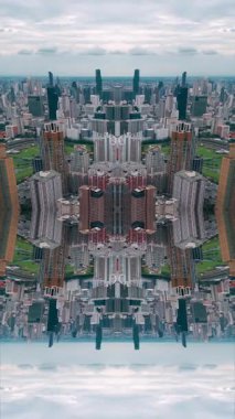 Soyut teknoloji arka planı, modern gökdelen binalarının ve kentsel şehrin aynalı fraktal etkisi, fütüristik yansıma tasarımı, yaratıcı Vj döngüsü 4k. Yüksek kaliteli görüntüler, dikey video