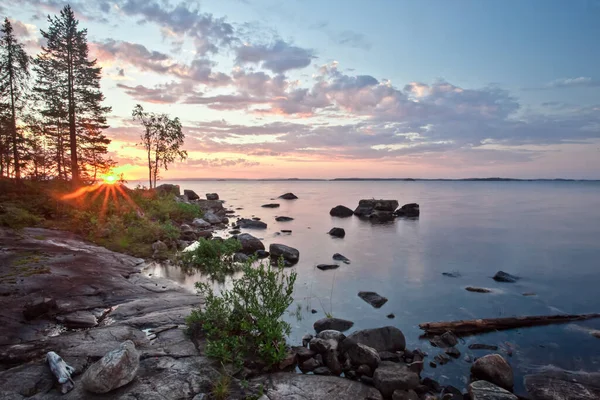 Zon Schijnt Door Dennenbomen Een Rotsachtige Karelische Baai Met Blauw — Stockfoto