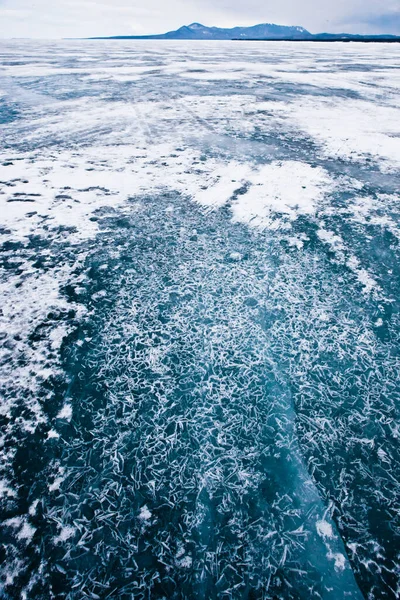 Patterns Similar Hieroglyphs Turquoise Ice Lake Baikal Mountains Distance — Stock Photo, Image