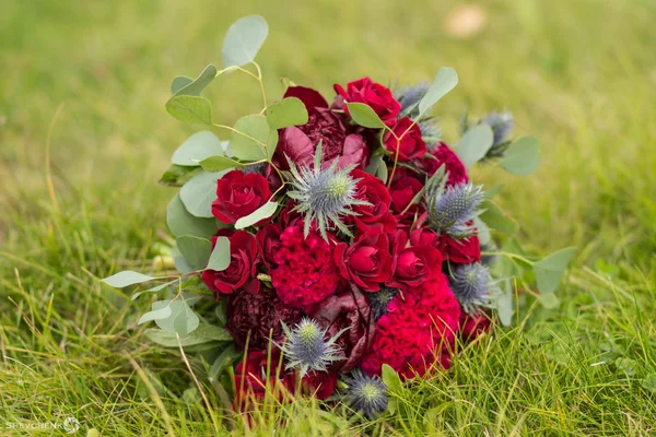 Bright marsala bouquet on green grass — Stock Photo, Image