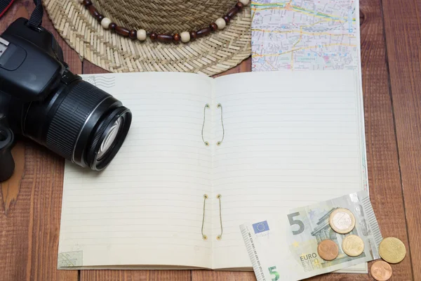 Travel concept, empty notebook, europe map, camera, euro, hat — Stock Photo, Image