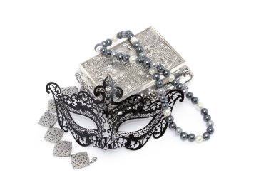 Black carnivale mask with silver bracelet and box, and pearl nec