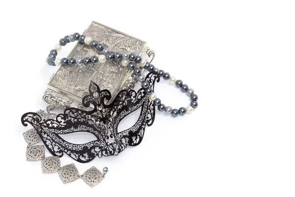Black carnivale mask with silver bracelet and box, and pearl nec