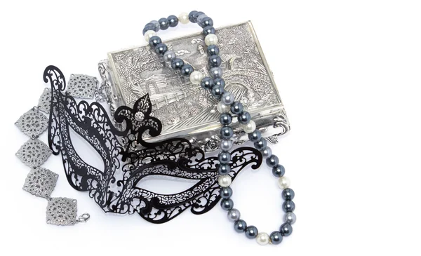 Black carnivale mask with silver bracelet and box, and pearl nec