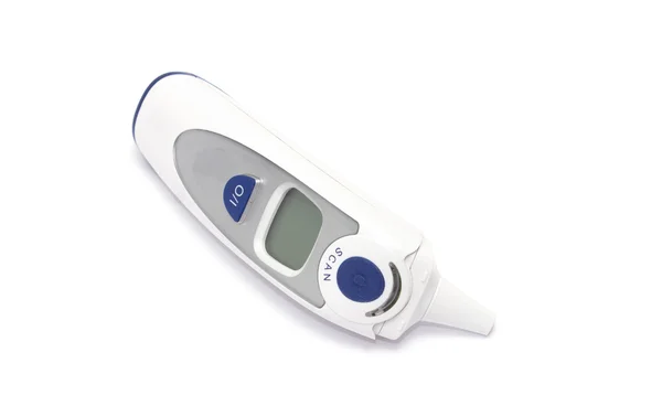 Digital white and blue thermometer with display isolated over wh — Stock Photo, Image