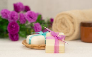 Soap bir yay, çiçekler, sepet ile iki adet havlu bir