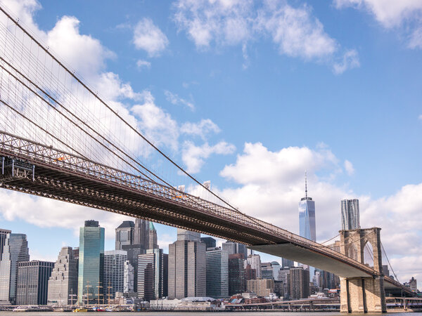 The Brooklyn Bridge and the Manhattan skyline.