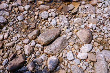 Düz granit taşlarla akan temiz akarsu sığ suyun altında doğal bir şekilde görülebilir..