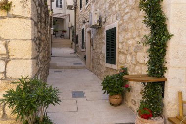 Yeşil kepenkleri, saksı bitkileri ve tarihi bir kasabada kırsal Akdeniz evleri olan dar bir taş sokak..