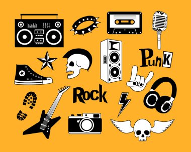 Punk rock müzik vektör sarı arka plan sette izole. Tasarım öğeleri, amblemler, rozetleri, logo ve simgeler.