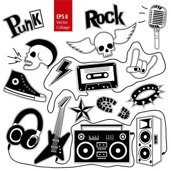 Vector de música punk rock conjunto aislado en fondo blanco. Elementos de diseño, emblemas, insignias, insignia y los iconos, collage. — Vector de stock
