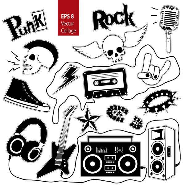 Música de punk rock aislada en whete fondo conjunto. Diseño de elementos, emblemas, insignias, insignia y los iconos. Collage de vector. — Vector de stock