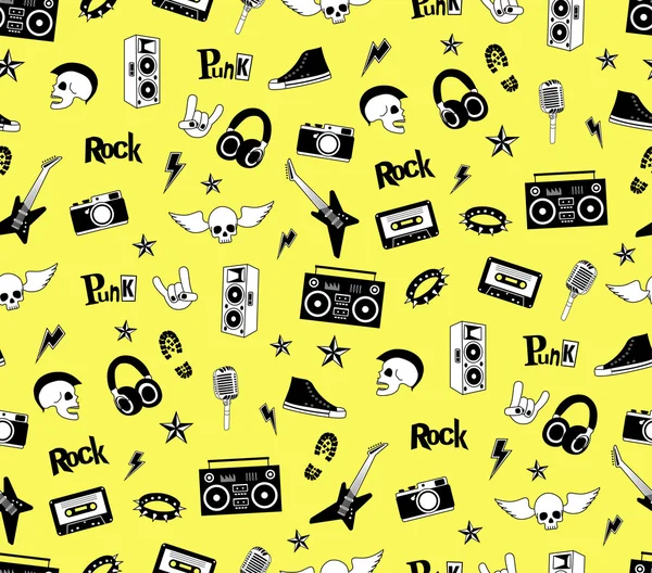 De patrones sin fisuras. Música de punk rock aislada sobre fondo amarillo. Doodle de los iconos, emblemas, insignias, logo y los elementos del estilo. — Vector de stock