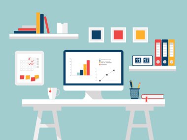 Ev ofis. Modern ev ofis iç tasarımcı masaüstü ve bilgisayar ile düz tasarlamak vektör