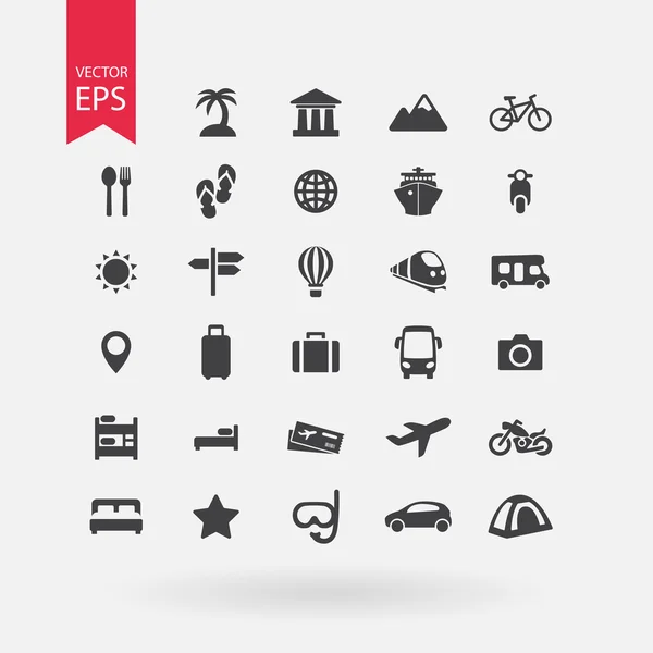 Conjunto de iconos de viaje. Colección de carteles de turismo. Símbolos de vacaciones aislados sobre fondo blanco. Estilo de diseño plano. — Vector de stock