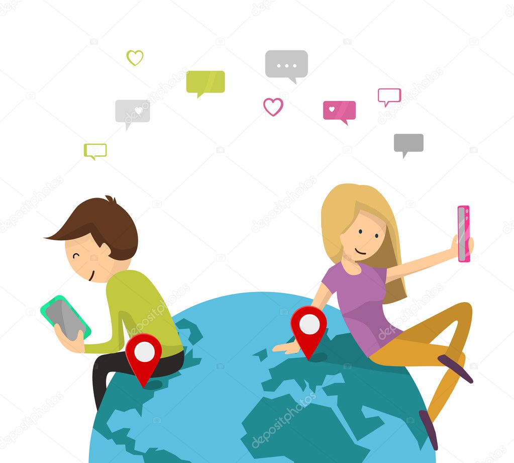 Online dating service. Virtual Chat, Like, Selfie concept. Boy and girl send messages of smartphone. Young couple man and woman on the planet Earth. Flat design, Vector illustration isolated on white
