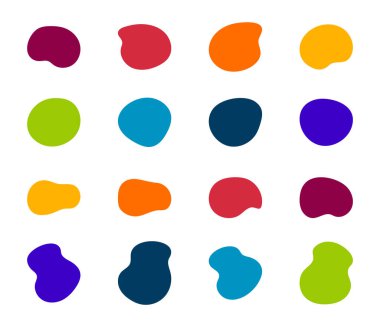 Blob vektör kümesini şekillendirir. Organik soyut leke koleksiyonu. Mürekkep lekesi basit siluet. Beyaz arkaplanda izole edilmiş renk, siyah ve beyaz minimal biçimler.