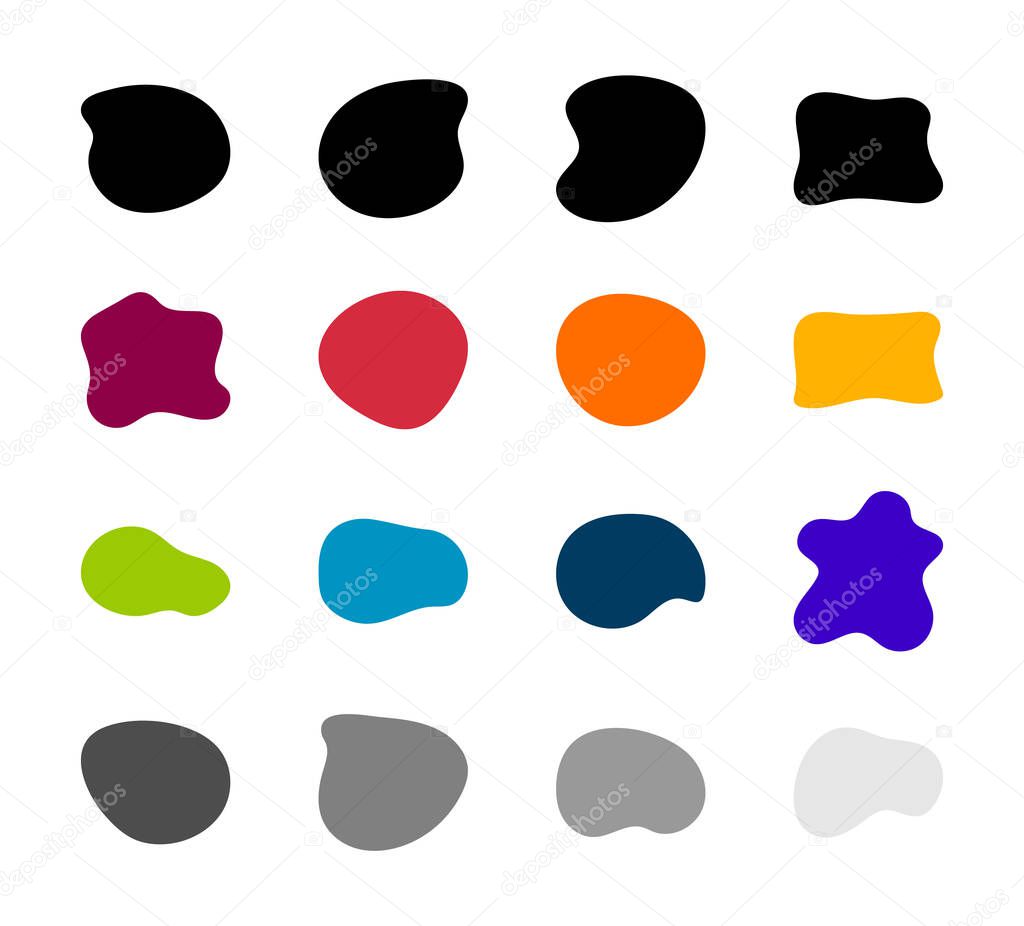 Blob shapes vector set. Organic abstract splodge elemets collection. Inkblot simple silhouette. Color, Black and white minimal forms isolated on white background