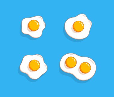 Sahanda yumurta. Nefis bir kahvaltı. Çizgi film yumurta yassı moda tasarım koleksiyonu. Vektör illüstrasyonu mavi üzerine izole edildi 