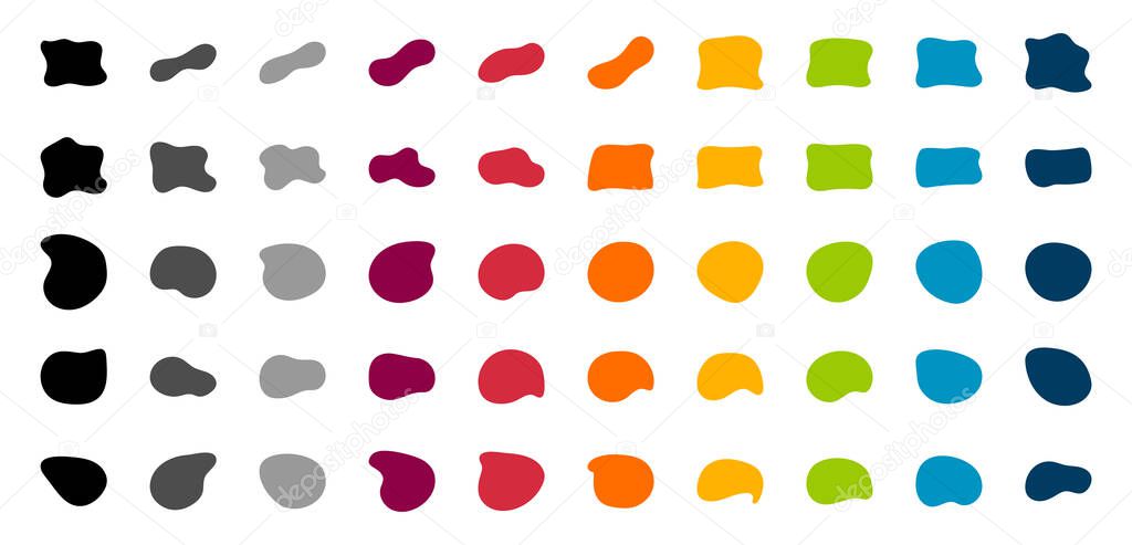Blob shapes vector set. Organic abstract splodge elemets collection. Inkblot simple silhouette. Color, Black and white minimal forms isolated on white background