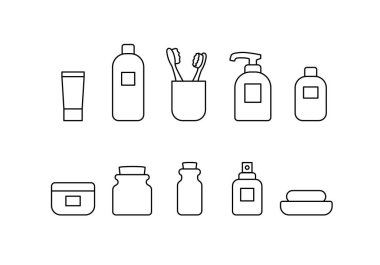 Banyo vektör simgesi ayarlandı. Basit banyo aksesuarları ince çizgi tabela koleksiyonu. Kişisel hijyen kavramı