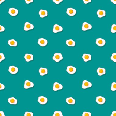 Kızarmış yumurta pürüzsüz desen. Yeşil arkaplanda izole edilmiş tekstil ambalaj kağıdı temsili için basit tasarım