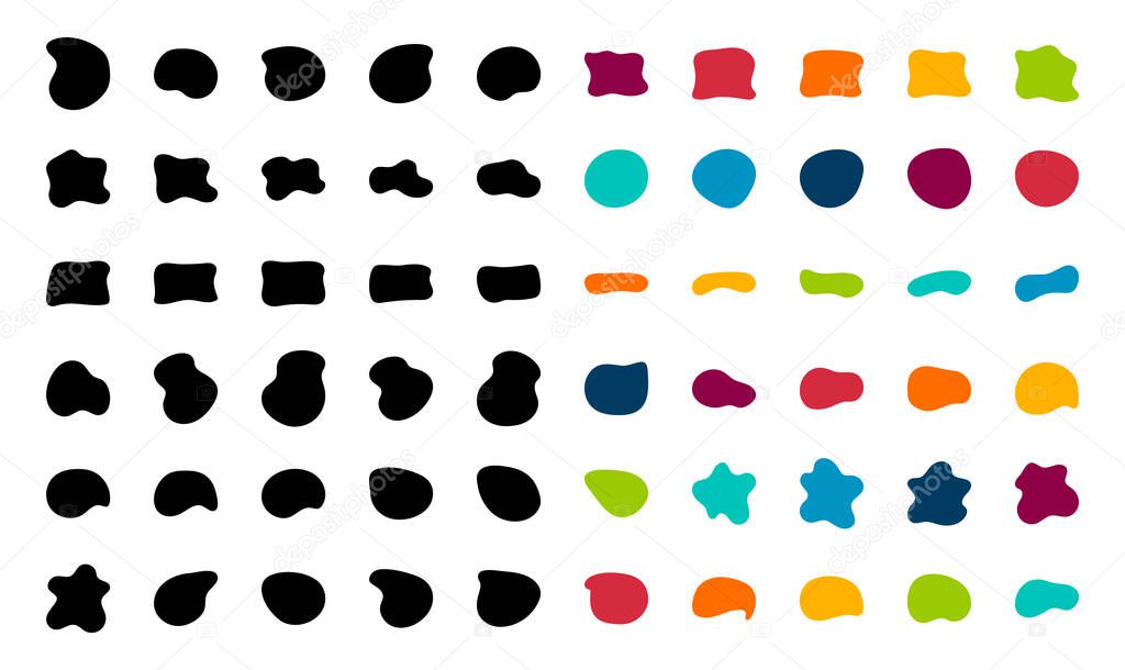 Blob shapes vector set. Organic abstract splodge elemets collection. Inkblot simple silhouette. Color, Black and white minimal forms isolated on white background