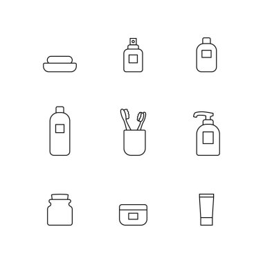 Banyo vektör simgesi ayarlandı. Basit banyo aksesuarları ince çizgi tabela koleksiyonu. Kişisel hijyen kavramı