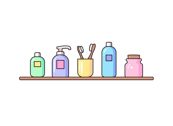 Accesorios de baño vector icono conjunto suministros de higiene personal Línea plana esquema de diseño de color de moda Señales de cuidado sanitario — Archivo Imágenes Vectoriales