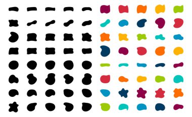 Blob vektör kümesini şekillendirir. Organik soyut leke, mürekkep lekesi koleksiyonu basit siluet. Minimalist izole biçimler