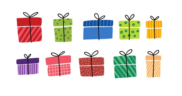 Cajas de regalo, presenta conjunto de iconos vectoriales. Colección de garabatos dibujados a mano aislados en blanco. Venta Navidad de cumpleaños — Vector de stock