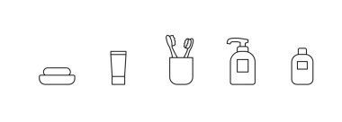 Banyo vektör simgesi ayarlandı. Basit banyo aksesuarları ince çizgi tabela koleksiyonu. Kişisel hijyen kavramı