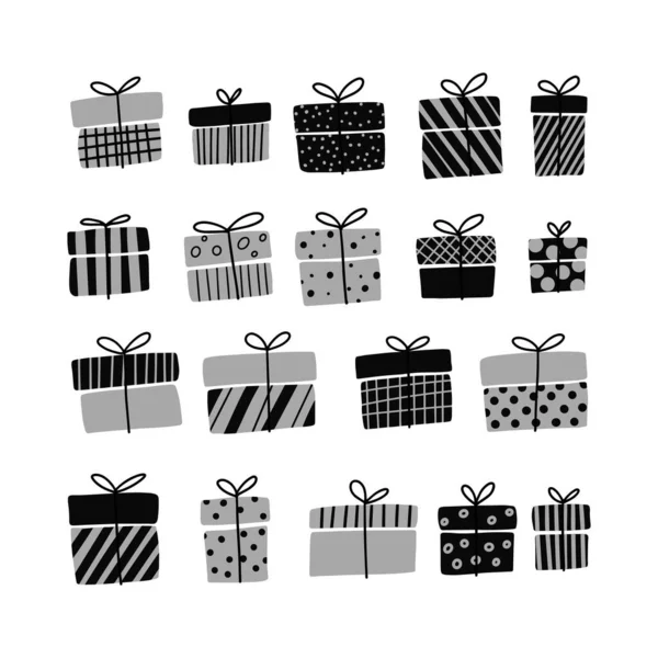Cajas de regalo, presenta el icono del vector conjunto Monocromo mano dibujado colección de garabatos aislados en blanco. Venta Cumpleaños Navidad — Archivo Imágenes Vectoriales