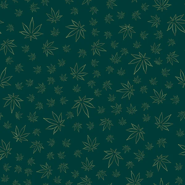Feuille de cannabis Modèle sans couture. Médecine Marijuana texture dorée. Signe médical cannabis Elegance Vector background — Image vectorielle