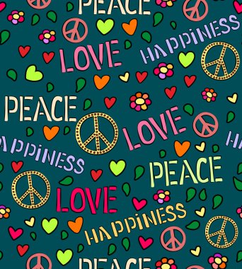Seamless pattern with symbols of the hippie. love and peace color background clipart