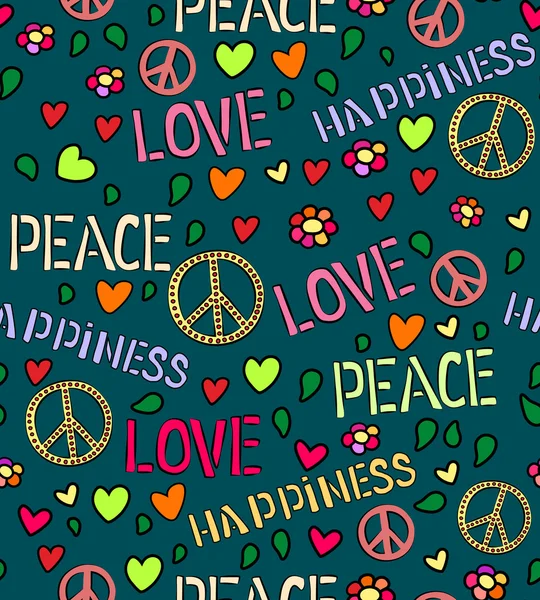 Patrón sin fisuras con símbolos del hippie. Fondo de color de amor y paz — Vector de stock