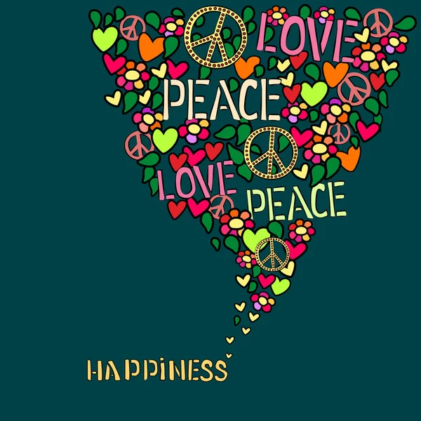 Text happiness. Love, peace and pacifism symbol in colorfull collage — Stock Vector