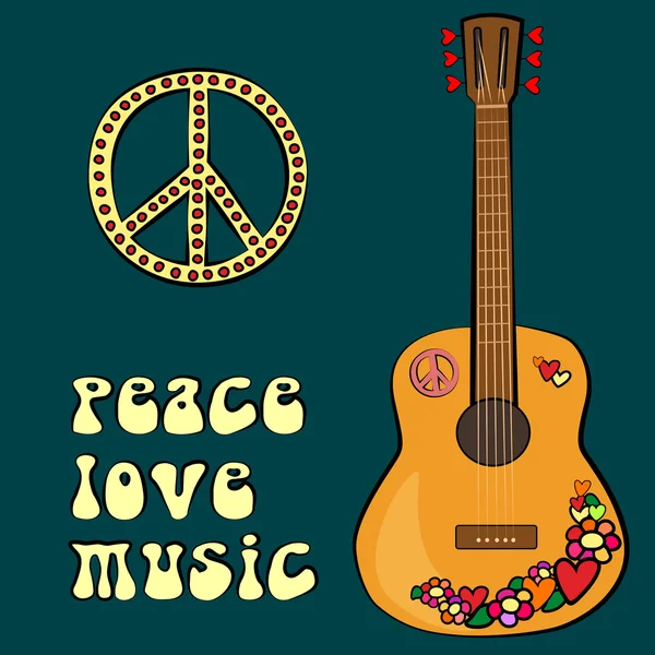 Diseño del texto de paz música de amor con el símbolo de la paz y la guitarra — Vector de stock