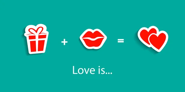 Die Liebe ist. Liebe Formel symbolische Zeichen. Herzen. Lippen-Kuss. Geschenk-Box, anwesend. — Stockvektor